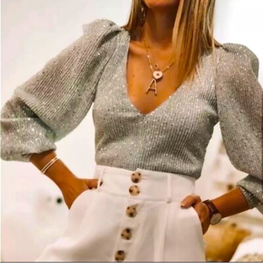 ZARA Sequin Puff Sleeve V-neck Top